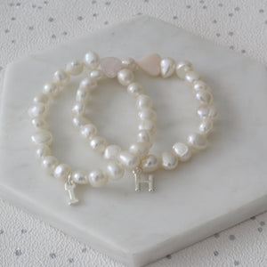 Girls Heart and Pearl Initial Bracelet